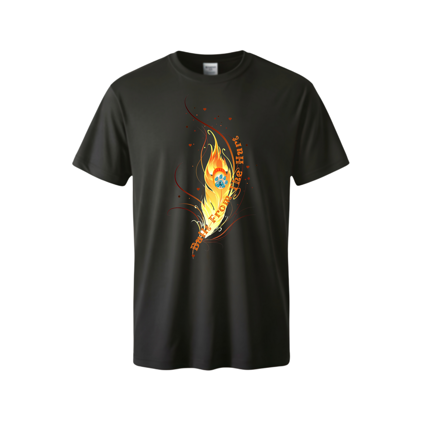 Black t-shirt with a colorful graphic design on a white background