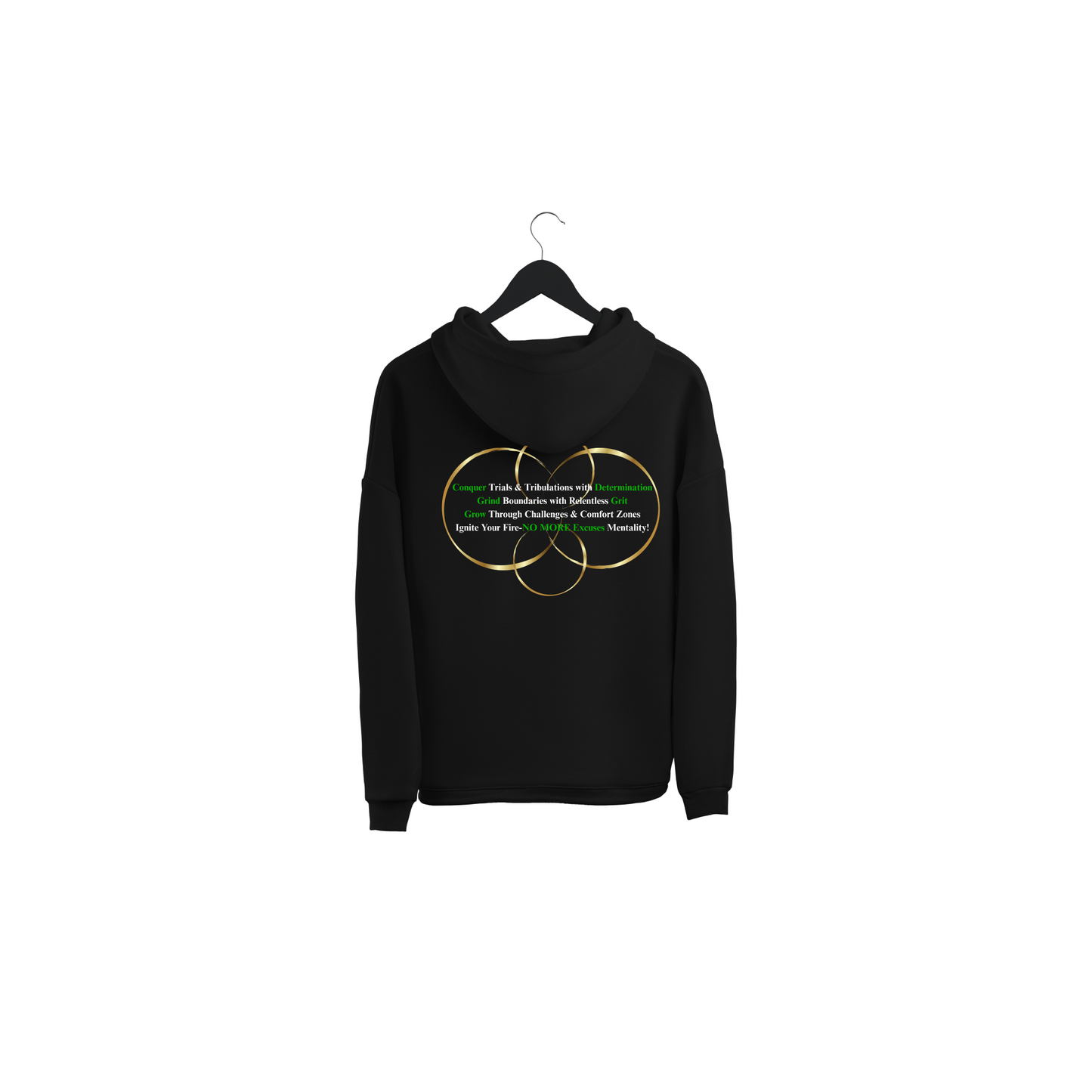 Black hoodie with a colorful design on back with a white background