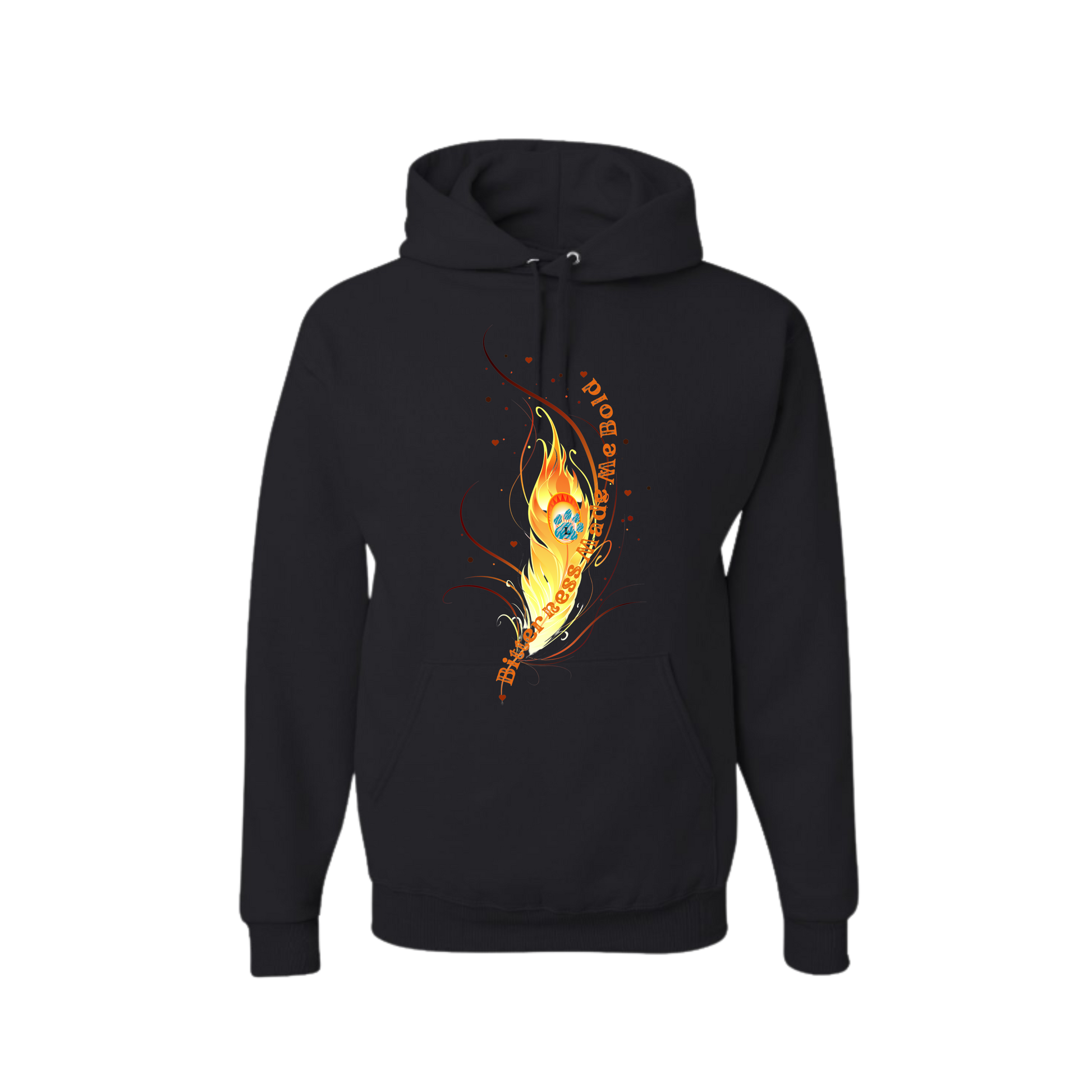 Black hoodie with a colorful logo design 