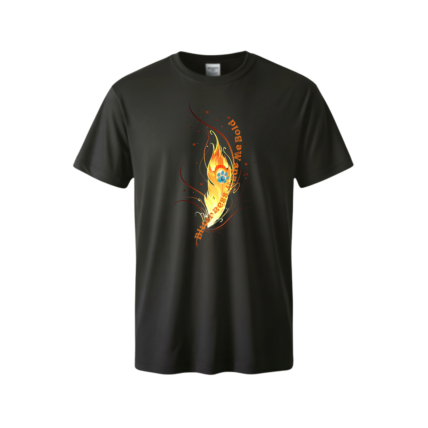 Black t-shirt with a colorful graphic design on a white background