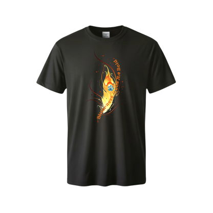 Black t-shirt with a colorful graphic design on a white background