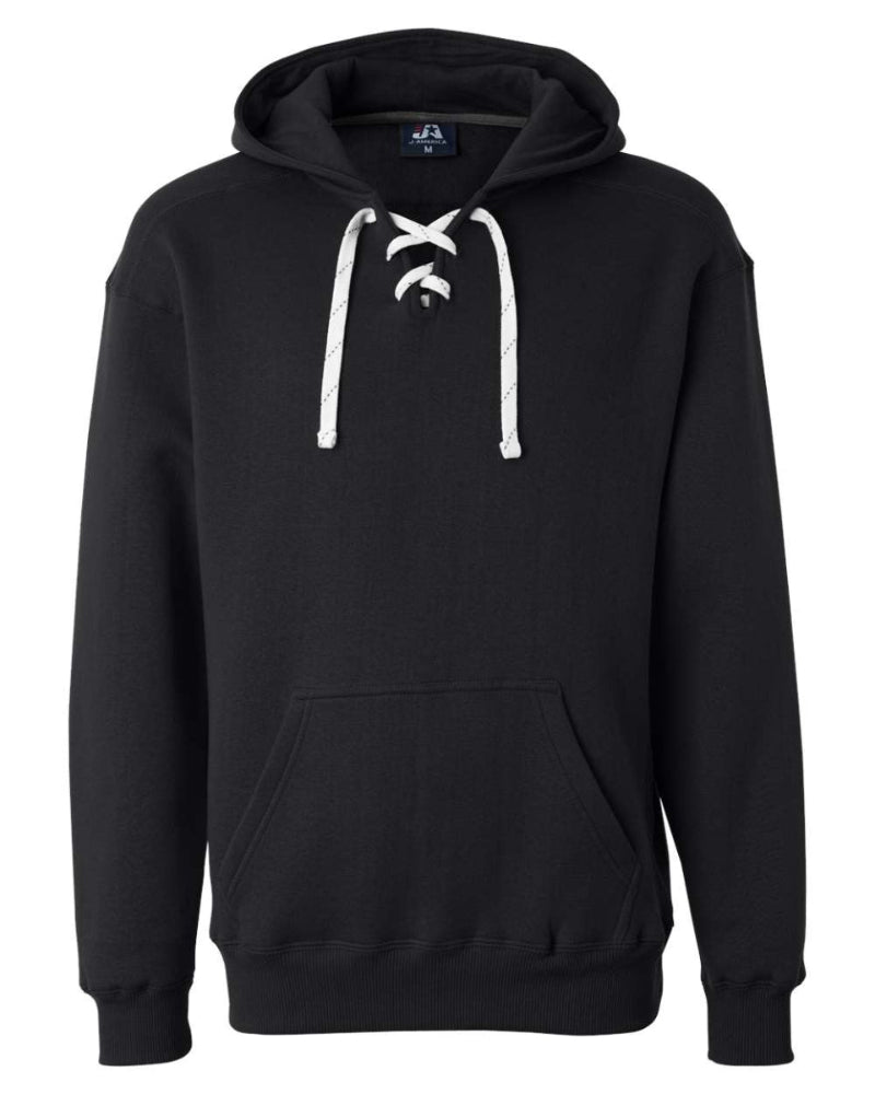 Black hoodie with white drawstrings on a white background