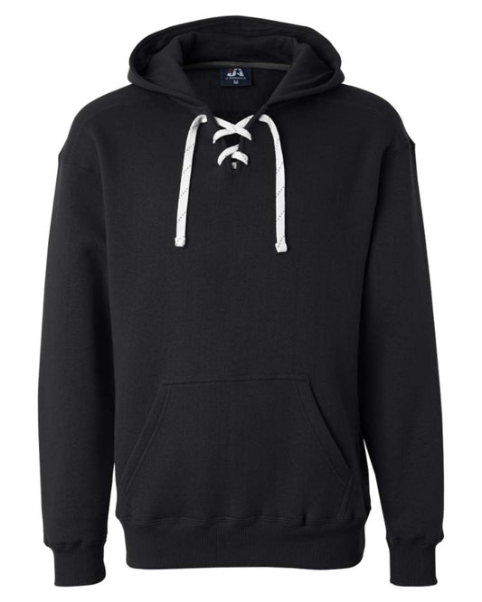 Black hoodie with white drawstrings on a white background