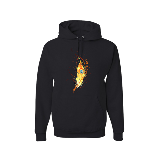 Black hoodie with a colorful logo design 