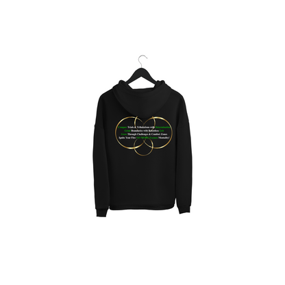 Black hoodie with a colorful design on back with a white background