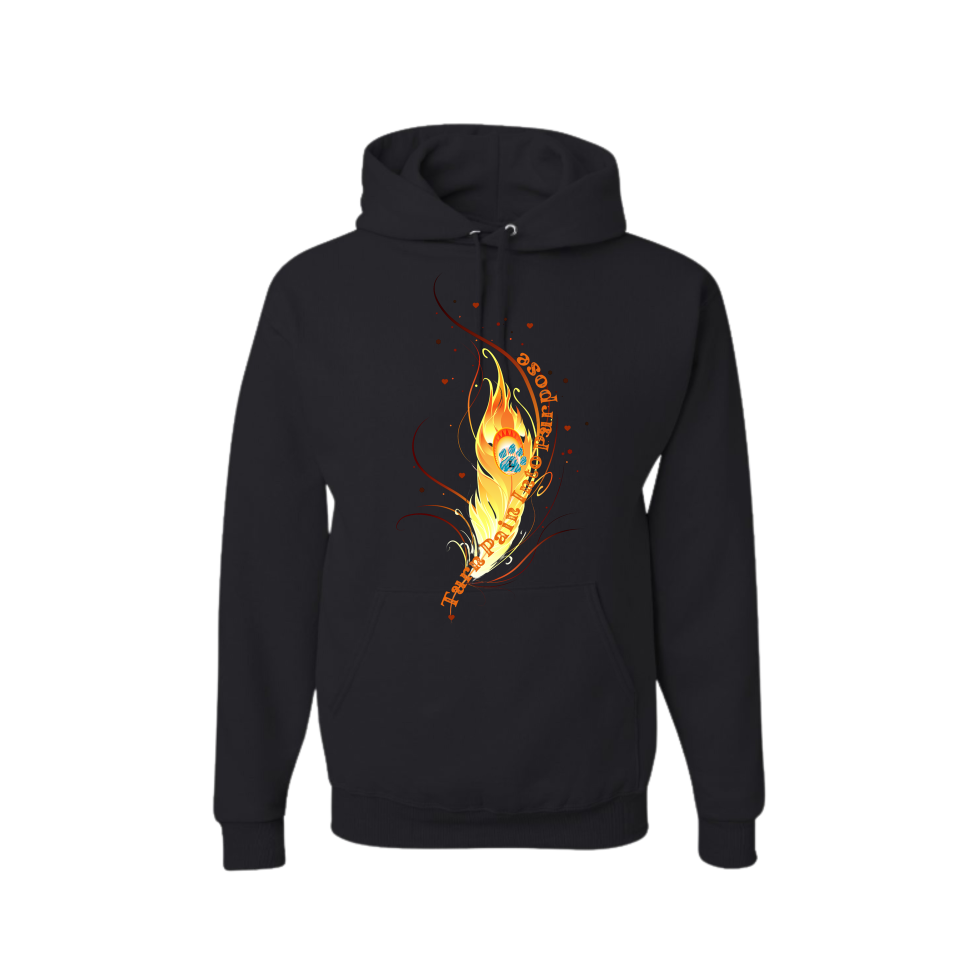 Black hoodie with a colorful logo design 